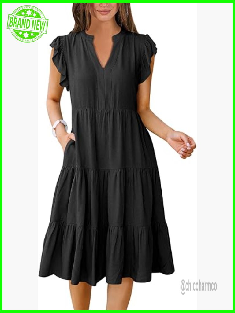 Ruffle Sleeve V Neck Midi Dress Tiered Boho Casual Flowy Sundress
